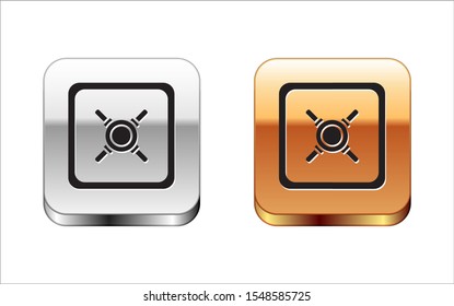 Black Safe icon isolated on white background. The door safe a bank vault with a combination lock. Reliable Data Protection. Silver-gold square button. Vector Illustration
