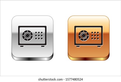 Black Safe icon isolated on white background. The door safe a bank vault with a combination lock. Reliable Data Protection. Silver-gold square button. Vector Illustration
