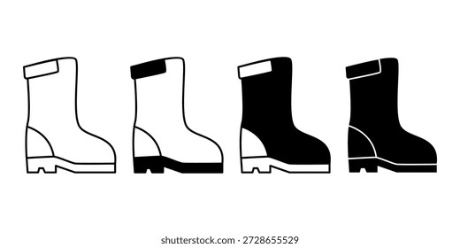 Paquete de icono de botas de seguridad negras que simboliza el calzado de protección para la construcción, la industria y los entornos de trabajo de mantenimiento.