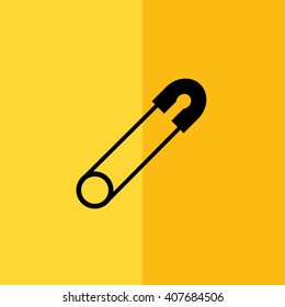 Black safety pin vector icon. Yellow background