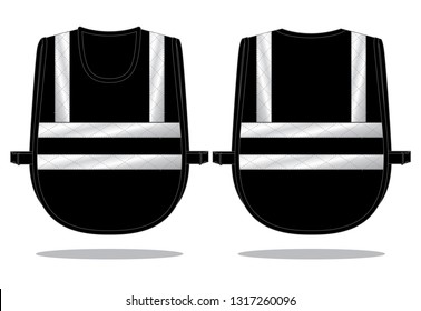 Black Safety Vest Design Vector with Gray Reflective Tapes.Front & Back Views.