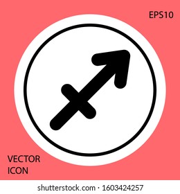 Black Sagittarius zodiac sign icon isolated on red background. Astrological horoscope collection. White circle button. Vector Illustration