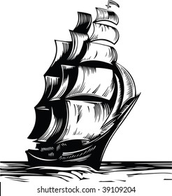 Black sail ship on white background