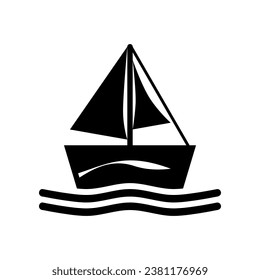 Black sailboat floating on wave ocean sea icon flat vector design