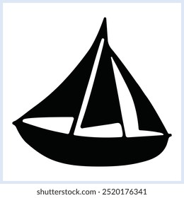 Black sailboat silhouette, Nautical yacht vector icon, boat with water waves doodle