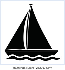 Black sailboat silhouette, Nautical yacht vector icon, boat with water waves doodle