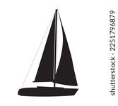 Black sailboat vector icon, windjammer ship simple illustration. Two sail canvas. Yacht sailboat, marine vessel flat icon. Yacht regatta logo. Sport or transportation small ship, boat sign.