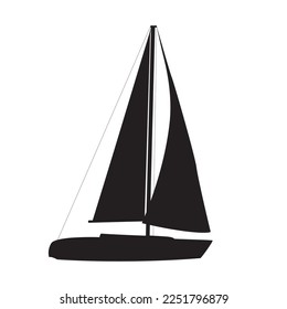 Schwarzes Segelboot Vektorsymbol, windjammer Schiff einfache Abbildung. Zwei Segel Leinwand. Yacht Segelboot, Schiff flach Symbol. Yacht Regatta Logo. Sport- oder Transportschiff, Bootschild.