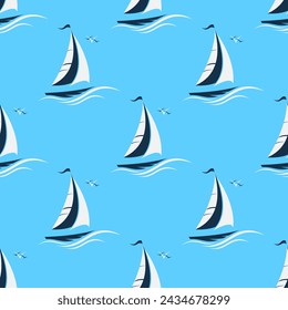 Black sailboats and white waves on blue background. Vector seamless pattern. Marine boyish theme. Best for childish textile, print, wallpapers, and nursery decoration.