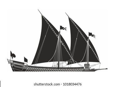 black sailing ship on the white background