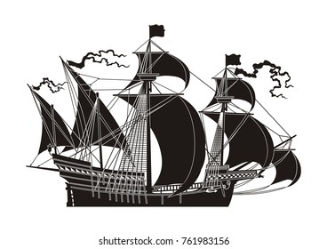 black sailing ship on the white background