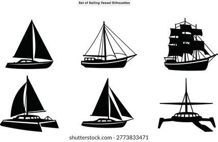 Black sailing vessel silhouette vector set featuring trimaran catamaran sloop and galleon designs as crisp isolated elements on white background