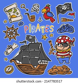 BLACK SAILS Sailboat With Skull Flag On Mast Hand Drawn Cartoon Pirate Stickers Clipart Sea Attributes And Objects Vector Illustration Set For Design And Print