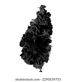 Black Saint Lucia map, Caribbean island country. Detailed map with administrative border, coastline, sea and forests, cities and roads.