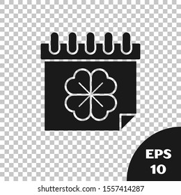 Black Saint Patricks day with calendar icon isolated on transparent background. Four leaf clover symbol. Date 17 March.  Vector Illustration