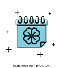 Black Saint Patricks day with calendar icon isolated on white background. Four leaf clover symbol. Date 17 March.  Vector Illustration