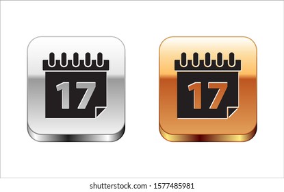 Black Saint Patrick's day with calendar icon isolated on white background. Date 17 March. Silver-gold square button. Vector Illustration