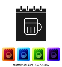 Black Saint Patricks day with calendar icon isolated on white background. Four leaf clover symbol. Date 17 March. Set icons in color square buttons. Vector Illustration