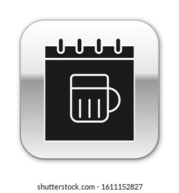 Black Saint Patricks day with calendar icon isolated on white background. Four leaf clover symbol. Date 17 March. Silver square button. Vector Illustration