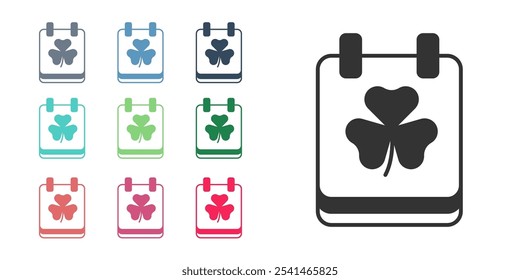 Black Saint Patricks day with calendar icon isolated on white background. Date 17 March. Set icons colorful. Vector