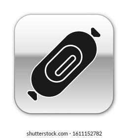 Black Salami sausage icon isolated on white background. Meat delicatessen product. Silver square button. Vector Illustration