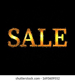 Black Sale banner with golden glowing lights. Discount tag for coupon big offer. Glow around the inscription. Vector illustration on black isolated background.
