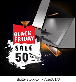 Black Sale discount 50% Poster. Triangle and abstract 3d illustration background.