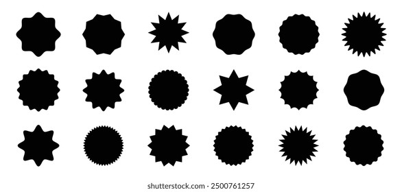 Black sale stickers big set isolated on white background. Promo product labels templates, starburst, sunburst badges. Vector design elements for price tag, quality mark, shop poster, web design, decor