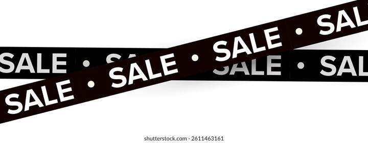 Black Sale Tape Banner With White Text Isolated On White Background. Fashion Style Promotional Ribbon For Shopping, Special Offer, Discount, Clearance, Or Marketing Design. Vector Illustration