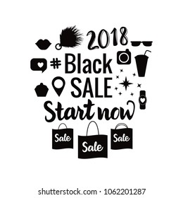 BLACK SALE.  Vector banner of shopping 2018. Set of sale symbols isolated on white background.