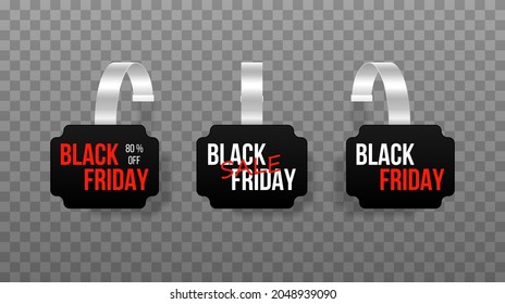 Black sales tags wobblers with text. Vector discount sticker, special offer.
