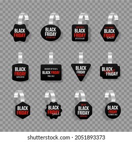 Black sales tags wobblers with text. Vector discount sticker, special offer.