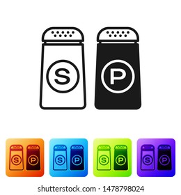 Black Salt and pepper icon isolated on white background. Cooking spices. Set icon in color square buttons. Vector Illustration