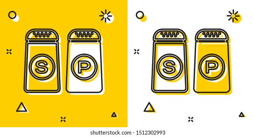 Black Salt and pepper icon isolated on yellow and white background. Cooking spices. Random dynamic shapes. Vector Illustration