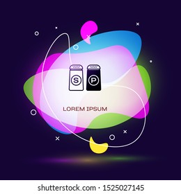 Black Salt and pepper icon isolated on dark blue background. Cooking spices. Abstract banner with liquid shapes. Vector Illustration