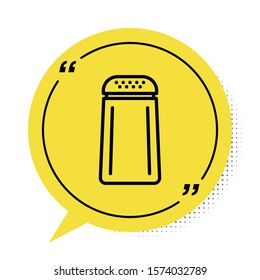 Black Salt and pepper icon isolated on white background. Cooking spices. Yellow speech bubble symbol. Vector Illustration