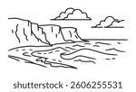 Black sand beach in Iceland, featuring dramatic cliffs and waves crashing against the shore under a cloudy sky line art flat vector illustration.