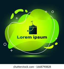 Black Sand in bucket with shovel icon isolated on black background. Plastic kid toy. Summer icon. Abstract banner with liquid shapes. Vector Illustration