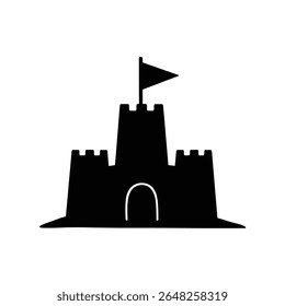 Silhueta de castelo de areia preto com uma pequena bandeira em cima contra um fundo branco ilustração vetor simples