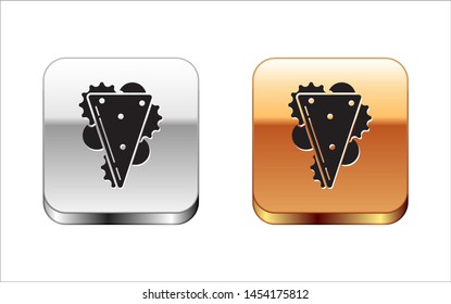Black Sandwich icon isolated on white background. Hamburger icon. Burger food symbol. Cheeseburger sandwich sign. Street fast food menu. Silver-gold square button. Vector Illustration