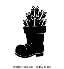 Black Santa Boot Filled With Gifts Silhouette Isolated On White Background