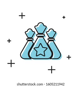 Black Santa Claus bag gift icon isolated on white background. Christmas presents sack. Merry Christmas and Happy New Year.  Vector Illustration