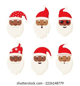 Black Santa Claus face icon, Christmas cartoon character head vector, cute winter man with breard and Santa hat isolated on background. Holiday illustration