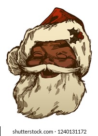 Black Santa Claus face laughing. Vintage style african Santa illustration.