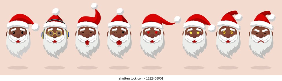 Black Santa Claus. Face of Santa Claus in red hat isolated on light background