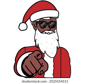 black Santa Claus with glasses pointing his finger forward, call to action