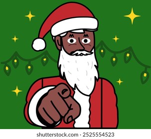 black Santa Claus with his finger forward, call to action, Christmas background