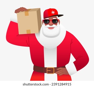 Black Santa Claus is holding a gift box. An African courier in a Santa costume. Gray-haired Santa Claus in a red cap delivers gifts. Christmas card. Vector illustration on a white background.