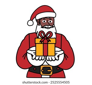 black Santa Claus holding a gift in front of him