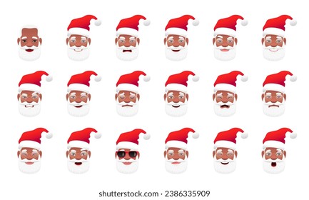 Black Santa Claus. An old African with a gray beard and mustache. Various emotions of a cute Santa grandpa with glasses and a red hat. Smile, happiness, anger, surprise, fear, sadness, etc.